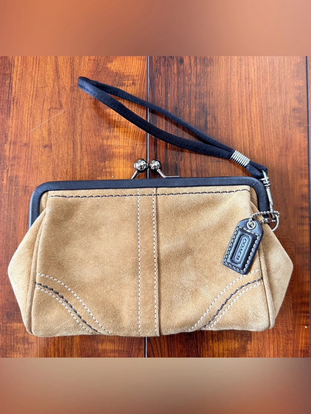 Coach Suede Kiss-Lock Clutch / Wristlet – Tan and Brown